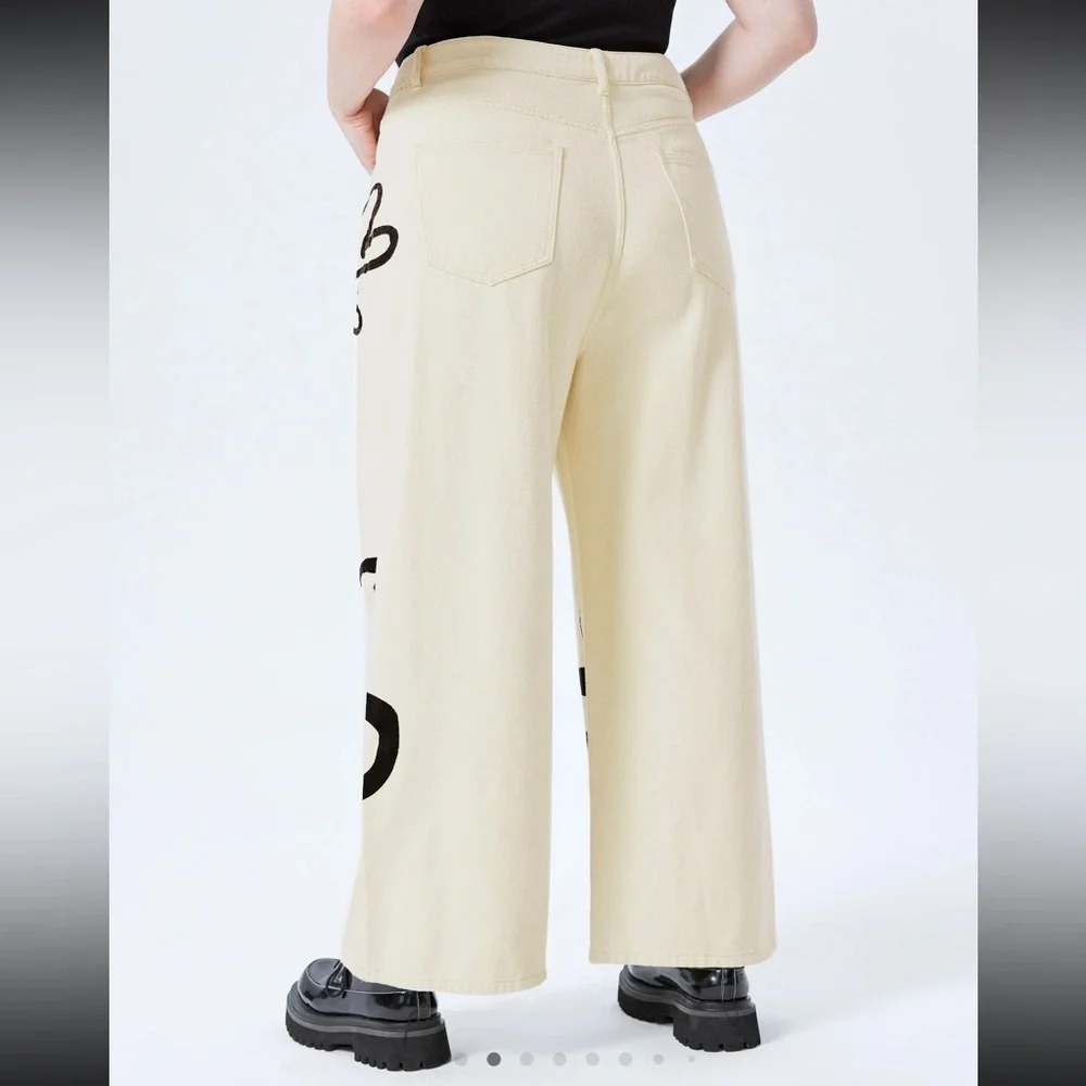 NWT | Cider | Artistic Wide-Leg Jeans with Black Floral Abstract Design